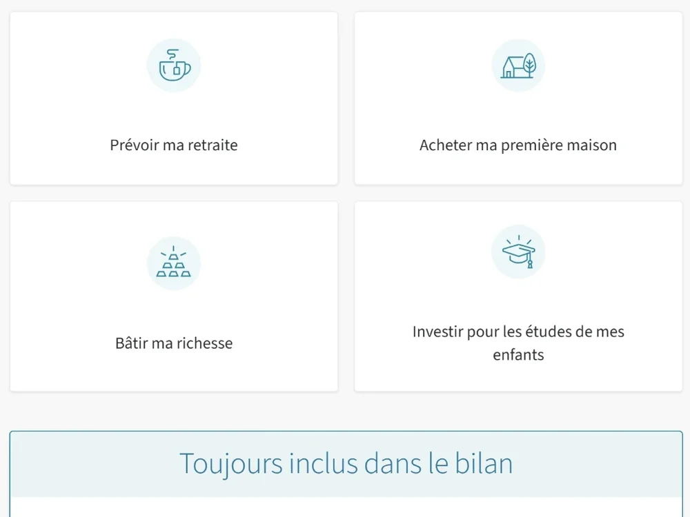 Écran des priorités : prévoir ma retraite, acheter ma première maison, bâtir ma richesse, investir pour les études de mes enfants