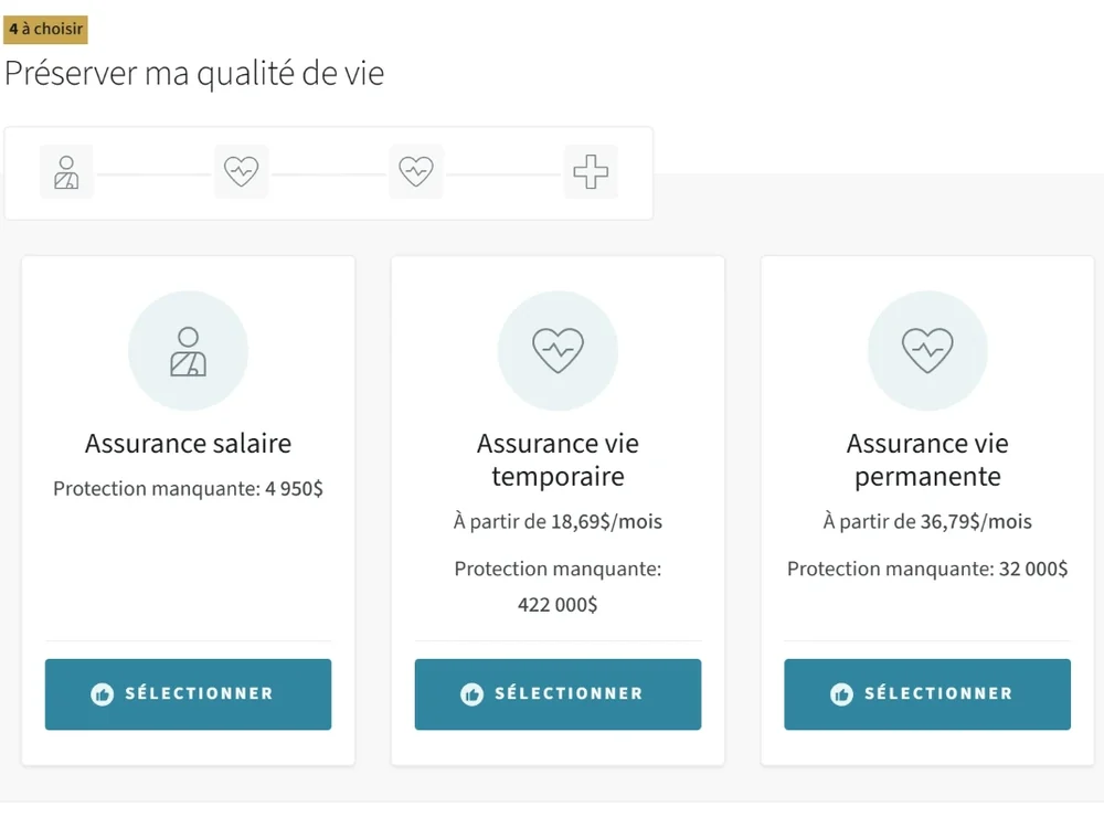 Écran « Préserver ma qualité de vie » : assurance salaire, assurance vie temporaire à partir de 18,69 $ par mois et assurance vie permanente, avec la protection manquante de chacune